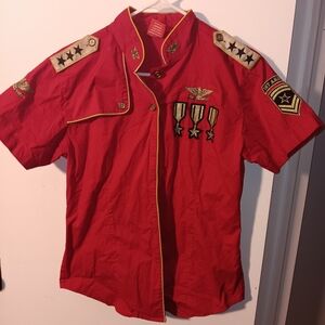 Women's Red Military-Inspired Button Down Shirt